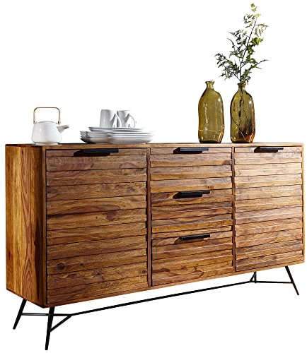 möbelando Design Sideboard Nishan 160 x 40 x 88 cm Sheesham Massiv Holz | Kommode mit Türen & Schubladen | Massive Anrichte Industrial | Massivholz Schrank mit Metallbeinen