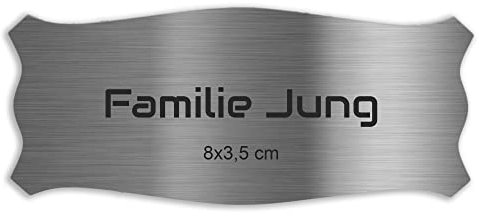 Jung Edelstahl Design Türschild verschiedene Größen und Motive personalisierbar. Briefkastenschild V2a Edelstahl selbstklebend (geschwungen 80x35 mm)