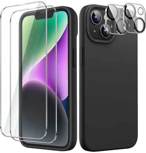 JETech 5 in 1 Silicone Case for iPhone 14 6.1-Inch, with 2-Pack Screen Protector and 2-Pack Camera Lens Protector, Full Coverage Tempered Glass Film, Shockproof Phone Cover (Black)