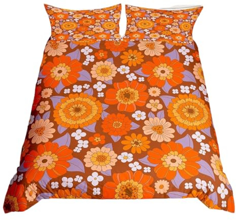70S Groovy Flowers Boho Bedding Set King Hippie Vintage Floral Comforter Cover Retro Sunflowers Dahlias Duvet Cover For Girls Teen Women,Psychedelic Aesthetic Quilt Cover Zipper 3 Pcs Colorful