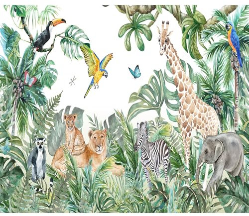 decomonkey - Papier Peint Panoramique Adhésif Jungle et Animaux 196x140 cm - Stickers Muraux Salon Chambre Déco XXL Autocollant Murale Maison Décoration Bureau - Beige vert marron