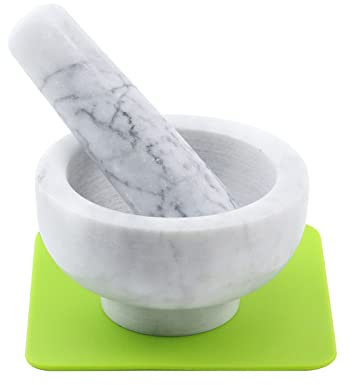 Pastlla Ensemble mortier et pilon en marbre naturel poli de 8,9 cm, avec tampon en silicone de base (blanc gris)