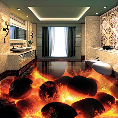 PVC Selbstklebender Bodenbelag Benutzerdefinierte 3D Badezimmer Bodenbelag Stein Feuer 3D Stereo Badezimmer Wohnzimmer Bodenfliesen 3D Boden, 350 * 245 cm