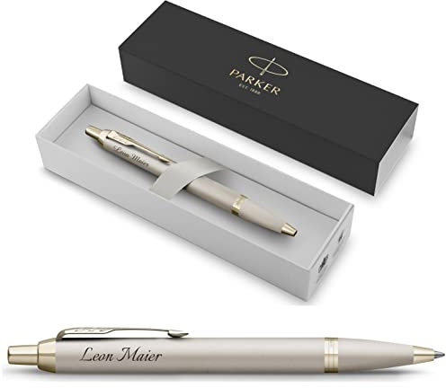 Parker IM Monochrome Kugelschreiber mit Gravur | Premium Stift | Geschenkbox | blaue Tinte | personalisiertes Geschenk | Namen | graviert | Jahrestag | Geburtstag | Geschenk (Champagne)