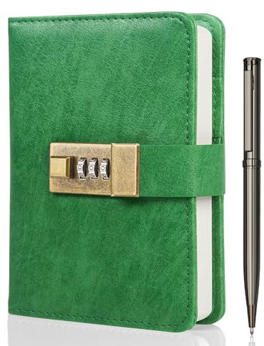 WEMATE Journal avec serrure, journal intime A6 en cuir synthétique avec verrou, 192 pages, cadenas avec mot de passe et stylo et boîte cadeau, journal intime pour homme et femme, 10,9 x 15,7 cm, vert