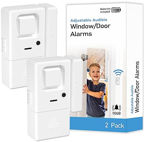 Lot de 2 alarmes de Porte et fenêtre – Volume réglable, Carillon/Alarme, sans Fil, capteur d'alarme de Porte et fenêtre pour la sécurité de la Maison, de l'appartement et Plus Encore (2 Pack)
