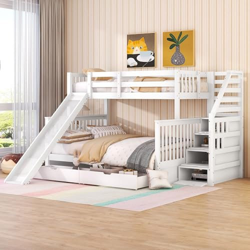 FEZTOY Etagenbett 90 x 200 +140 x 200 mit Schubladen und Rutsche, Hochbett Kinderbett mit Treppe, Stauraumbett, Multifunktionales Kinderbett, Stockbett, Jugendbett, Doppelbet