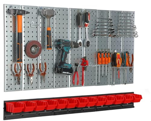 botle Werkzeugwand Metall 117x72 cm Lagersystem mit Werkzeughaltern Werkzeughaken und 13 Stapelboxen 80 x 115 x 60 mm Farbe: rot Lochbrett Werkstatt Garage Steckbrett Elektrowerkzeuge Lochwand