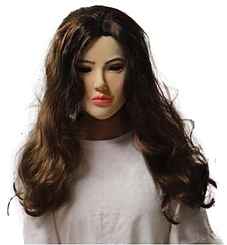LKYLVEE Weiche Silikonmaske für Frauen Latex Realistische Frauenkopfmaske für Crossdresser Transgender Halloween Cosplay Karneval Drag Queen(mit Perücke) (braun)