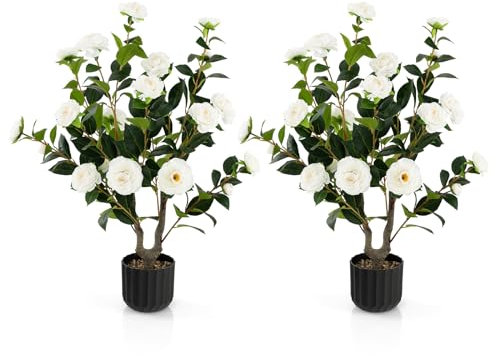 COSTWAY 2er Set Kunstbaum mit Blüten 95cm, Künstlicher Kamelienbaum, Kunstpflanze im Topf, Kamelienpflanze mit 24 Blüten & natürlicher Stamm, Kunstblume Zuhause, Zimmerpflanze Dekopflanze (2, Weiß)