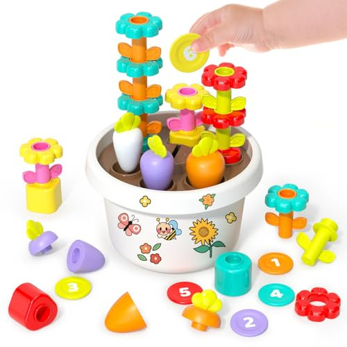 Montessori Spielzeug ab 1 Jahr Blumengarten-Spielset, 7-in-1 Bildungs & Stapelspielzeug Motorikspielzeug ab 1 Jahr, Zählen, Zuordnen und Sortieren STEM Lernaktivitäten Sinnvolle Geschenke Baby 1 Jahr