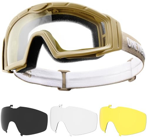 OneTigris Airsoft Goggles, Tactical Shooting Glasses with 3 Interchangable Lens, UV Protection Anti Fog Paintball Glasses for Paintball, Riding, Shooting, Hunting, Cycling, Coyote Brown