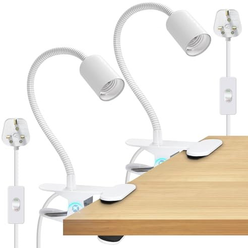 Clip on E27 Bulb Holder, 2PCS Clamp on Light, White Clip Lights with Metal Clamp, 7.2Ft Cable Table Lamp, 360° Rotatable Thickened(9mm) and Lengthened (35cm) Flexible Gooseneck Lamp, for Desk Shelf
