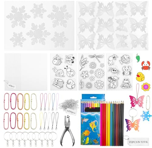 SNAIL GARDEN 263 PCS Heat Shrink Plastic Sheet kit with Hollow Out Snowy and Butterflies Patterned, Shrink Paper with Keychain Kit,Hole Punch,Colored Pencils,Crafts Creative Ornaments