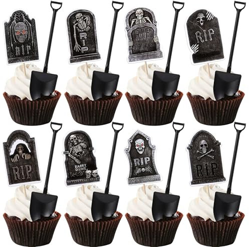 48 Pack Halloween Cupcake Toppers Tombstone Horrible Cupcake Topper Novelty Mini Shovel Spoons Gravestone Skeleton Zombie Cupcake Picks for Happy Halloween Theme Birthday Party Cupcake Decorations