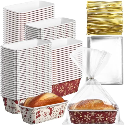 Teenyyou 50 Sets Weihnachts-Papier-Kastenform 16,3 x 5,6 x 5,6 cm, Mini-Einweg-Brotformen mit transparenten Plastiktüten und Bändern, rechteckige Backform für Brot, Kuchen, Backen (eleganter Stil)