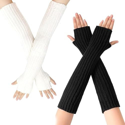 PSFXBM Knitted Long Sleeve Arm Warmers - Soft Stretchy Fingerless Gloves With Thumb Hole for Women, Men