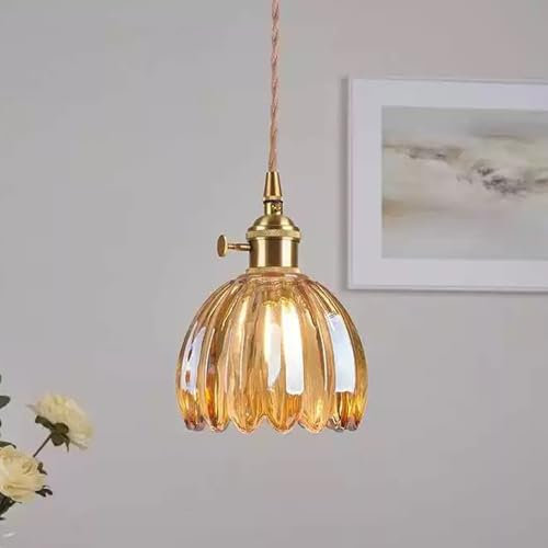 Lampe suspendue en verre tulipes, luminaire suspendu en forme de fleur dorée pour îlot de cuisine avec interrupteur rotatif, 1 lampe moderne nordique en laiton, longue lampe de plafond suspendue, cor