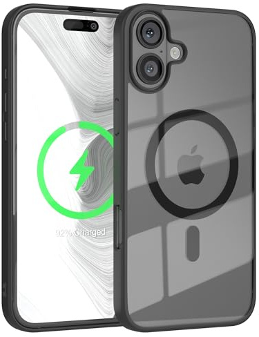 EAZY CASE Hülle für iPhone 16 Plus kompatibel mit Qi Charging Ultra Aufprallschutz Stoßfest und Kratzfest dünne Schutzhülle mit Kameraschutz Silikon Cover Clear Hybrid Handy Case Schwarz - Qi Charging