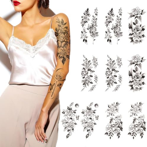 10 Bögen temporäre Tattoos mit handgezeichneten großen Rosenblüten, temporäre Tattoos für Frauen, Arm-Tattoos für Frauen, gefälschte Rosen-Tattoo-Ärmel an Oberschenkeln und Rücken