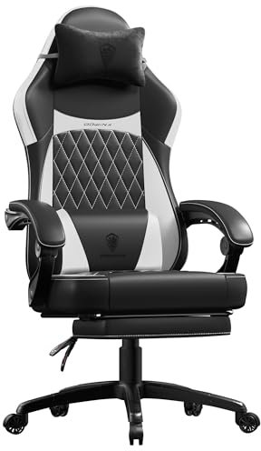 Dowinx Gaming Stuhl Racing Gamer Stuhl, Ergonomischer Gaming Sessel mit Lendenwirbelstütze, Gaming Chair PU Leder 150KG, Schwarz Weiß