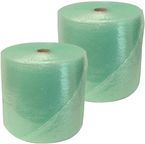 Globe Packaging 2 Rolls of 500mm x 100m Large Green Biodegradable Bubble Wrap Roll with Small Air Bubbles - Cushioning & Protection Packaging for Moving House, Ecommerce and Storage