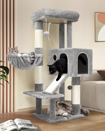 Globlazer Tiragraffi per Gatti con Grandi Grotte Cesto Imbottiti Piattaforma Rampa Graffiatura Sisal Peluche Giocattoli, Stabile Albero Tiragraffi Alto 116 cm per Gatti Grandi (S45, Grigio Chiaro)
