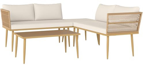 Outsunny Salon de Jardin extérieur en résine tressée 5 Places modulable avec 2 canapés, Pouf et Table Basse, Coussins déhoussables Inclus, mobilier de Jardin pour Balcon terrasse véranda, crème