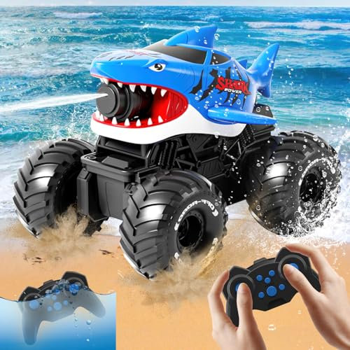 Amphibisches Ferngesteuertes Auto, 4WD 360° Rotation 2.4GHz RC Ferngesteuerter Haifischtruck, mit Sprühwasser, Wiederaufladbares Ferngesteuertes Amphibienfahrzeug als Geschenk für Kinder 3-12 Jahre