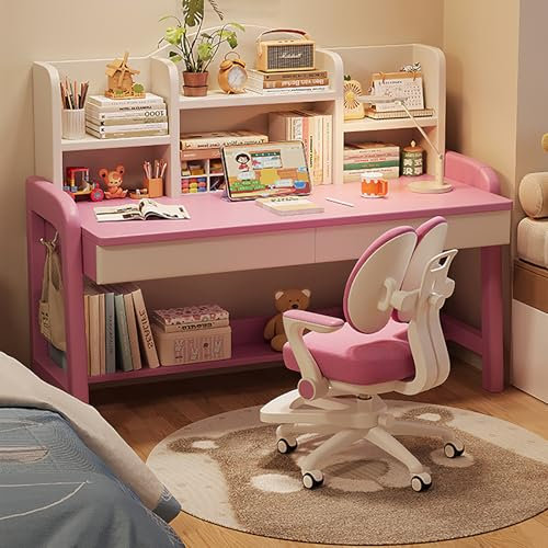 QTQHOME Lerntisch für Erwachsene, Studenten, Schreibtisch mit Schubladen und Bücherregal, Computertische aus massivem Eichenholz für kleine Räume, Heimbüro (100,1 x 60,9 x 105,9 cm, Rosa)