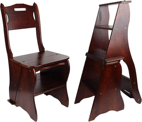 Convertible Solid Wood Ladder Chair, 4-Step Library Stool, Multi-Purpose Folding Furniture (Dark Walnut)