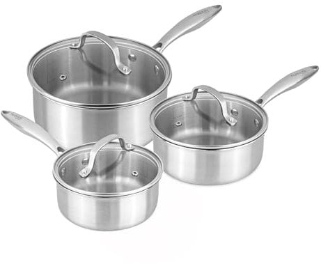 Stainless Steel Saucepan Set – Non Stick Cooking Pots – Tri-Ply Stainless Steel Pot Suitable for All Hobs – 6pcs 16.7cm, 18.7cm & 20.9cm (3 Pots + 3 Lids) – by Nuovva