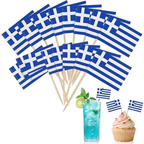 100 Stück Griechenland Länder Flagge Zahnstocher Flagge,Griechenland Deko Zahnstocher Flaggen für Fußball Wm 2026 EM Fußball,Cocktail Griechenland Picks Druck,Obst Picker Papier Kuchen Topper Sticks