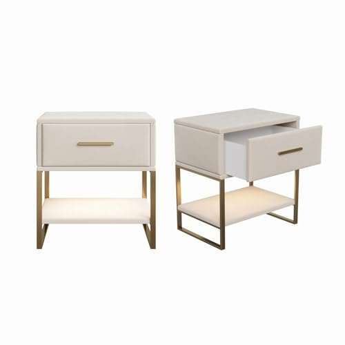 MASAJIA Set mit 2 LED-Nachttischen mit Schublade und offenen Regalen, Nachttisch aus Samt mit Metallfüßen – 40 x 31 x 50 cm, moderner gepolsterter Nachttisch für Schlafzimmer