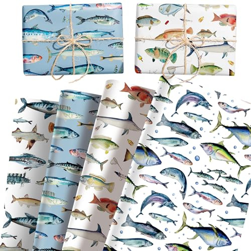 Geschenkpapier mit Fischmotiv 68.58X50.8cm Buntes Geschenkpapier | 12 Blatt Geschenkpapier mit Fischmotiv 68.58X50.8cm Buntes Geschenkpapier mit Fischmotiv für Babyparty Geburtstagsparty DIY