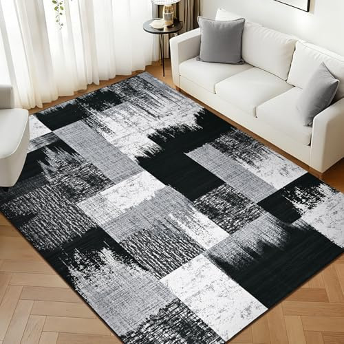 Alishomtll Teppich Schwarz Grau 140x200 cm, Modern Geometrisch Teppich | Rutschfest Kurzflor Küchenteppich, Weich Waschbar Flurläufer für Wohnzimmer Schlafzimmer Arbeitszimmer Eingang