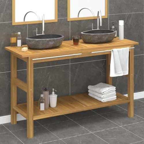 QUAHEAS Waschtisch mit Flussstein-Waschbecken, Massivholz Teak, 132x45x75 cm, Doppelwaschbecken, Badmöbel, Badezimmerschrank mit Handtuchstange, Naturstein Waschbecken