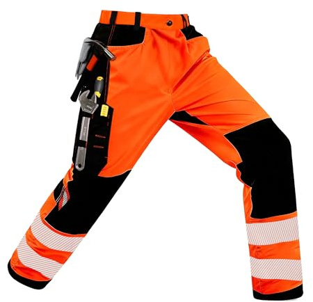 Mlvekrt Mens High Visibility Work Pants Reflective Safety Pants Waterproof Rain Pants Stretchy Ripstop Cargo Pants Outdoor Orange 32W32L