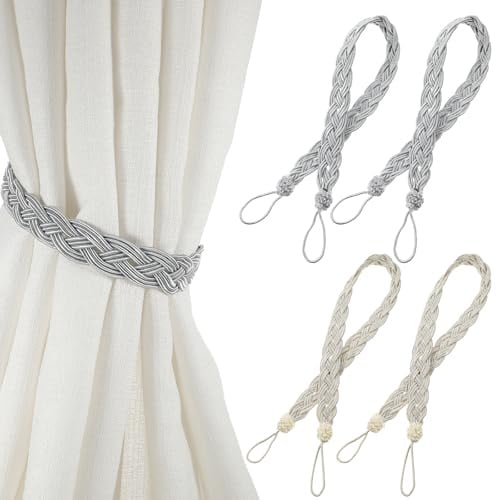 Cobee 4 Stück Vorhang Raffhalter, Gardinenhalter Raffhalter Grau Baumwolle Vorhang Seil Handgestrickte VorhangRaffhalter Boho Für Zuhause Büro Wohnzimmer Schlafzimmer