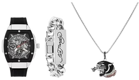 ED HARDY Herren-Armbanduhr, 3-teilig, silberfarben, mit Halskette und Armband