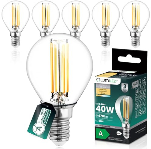 Lumiled LED Golfball Lampe P45 E14 Ultraeffizient Energieklasse A 2.2W 470lm Ersatz 40W 2700K Warmweiß Filament Klar Glas Tropfenform 360° Abstrahlwinkel Nicht Dimmbar 6 Stück