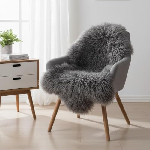 LIRA Deko Lammfell-Teppich 60×110 cm – echtes tibetisches Langhaar-Lammfell mit Lederrückseite, Fellteppich für Wohn- und Schlafzimmer, Steingrau