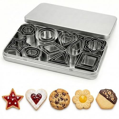 Mini Geometric Cookie Cutters Set-Stainless Steel Metal Baking Moulds | 30 Pcs Small Star Heart Flower Round & Square Biscuit Cutters for Pastry Fondant Polymer Clay