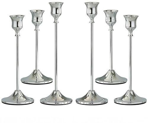 VELAJA Kerzenständer Silber Set, 6 Stück Kerzenhalter in 3 Größen (17/20/23 cm), Vintage Candle Holder für Tischdekoration, Hochzeit, Festlichkeiten, Kamin & Wohnkultur