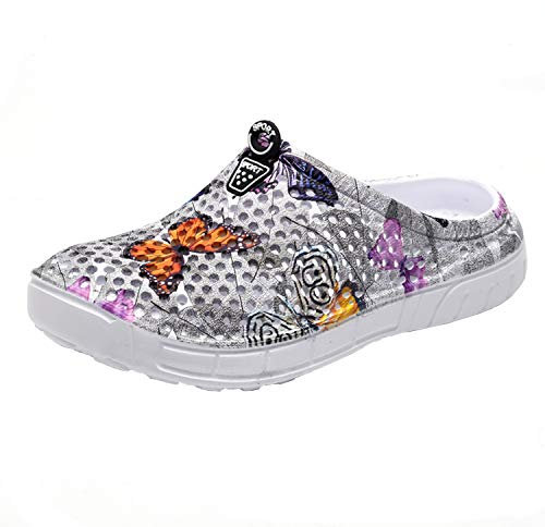Sabots Mules Chaussures Respirant Fermé Chaussures de Jardin D'Été Amants Pantoufles Plage Sandales Hommes Femmes Piscine Sandales Chaussons Papillon Grey Gris 40