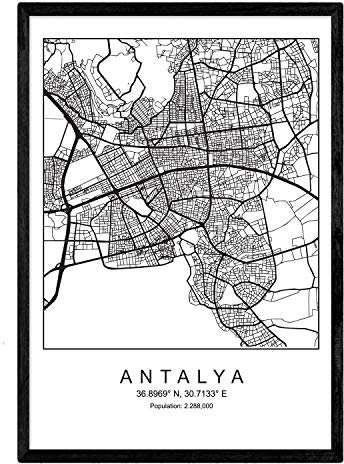 Nacnic Blade Antalya Stadtkarte im nordischen Stil schwarz und weiß. A3 Größe Plakat Das Bedruckte Papier Keine 250 gr. Gemälde, Drucke und Poster für Wohnzimmer und Schlafzimmer