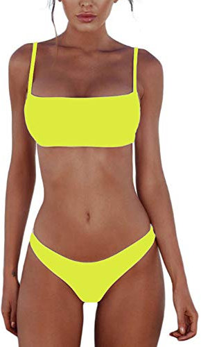 meioro Costumi da Bagno per Donna a Due Pezzi Bikini a Vita Bassa Tankini Bikini Push Up Abito a Vita Bassa(S,Giallo)