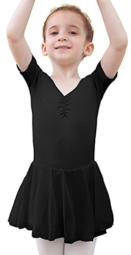 Tancefair Girls Ballet Dress Cotton Ballet Leotard with Chiffon Skirt Short/Long Sleeve Ballerina Outfit Gymnastics Dance Leotard Black