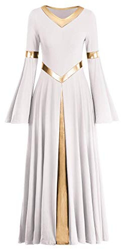 IMEKIS Damen Liturgisch Lob Kleid Metallic Splei? Lyrisch Tanzkleider Langarm V-Ausschnitt Casual Lang Faltenrock Freizeitkleid Kirche Anbetung Gebet Kleider Ballsaal Dancewear Wei? M
