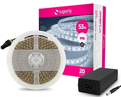Superia KIT Striscia LED 5 Metri e alimentatore SMD2835 24V/53W Flessibile Protezione IP65 per uso Interno Colorazione Luce Fredda Alta Luminosità da 600 diodi led 120 led/Metro KACSTR60SF 1 Pezzo